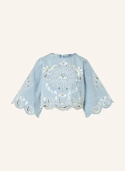 Cropped-Jeansbluse mit Lochspitze und 3/4-Arm