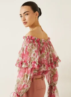 Off-Shoulder-Bluse aus Seide mit Rüschen