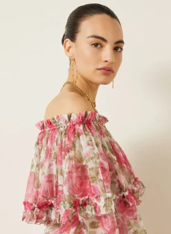 Off-Shoulder-Bluse aus Seide mit Rüschen