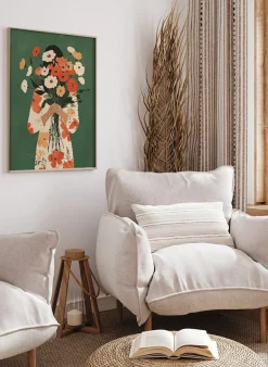 Wandbild BLUMEN AUF GRÜN mit Rahmen