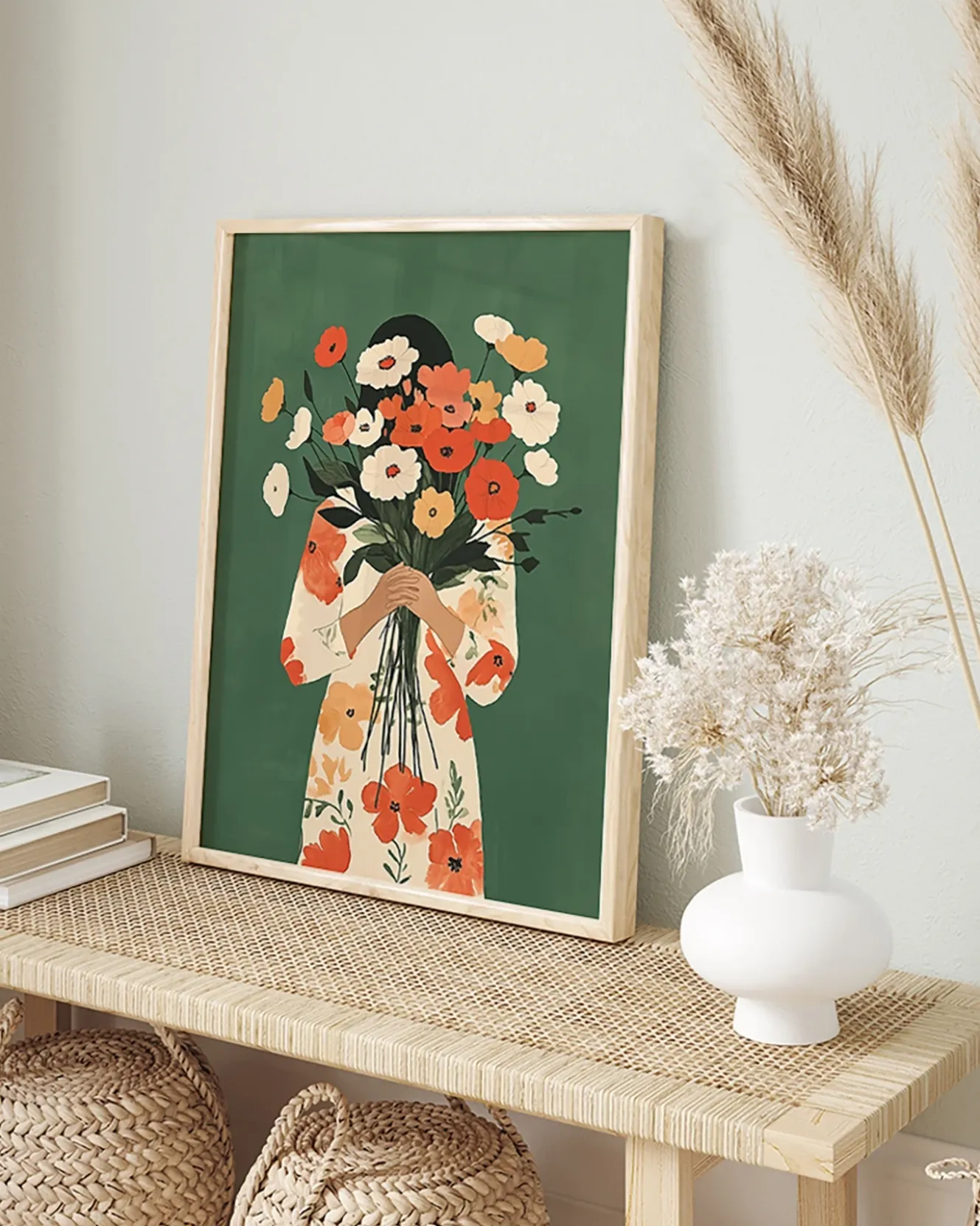 Wandbild BLUMEN AUF GRÜN mit Rahmen